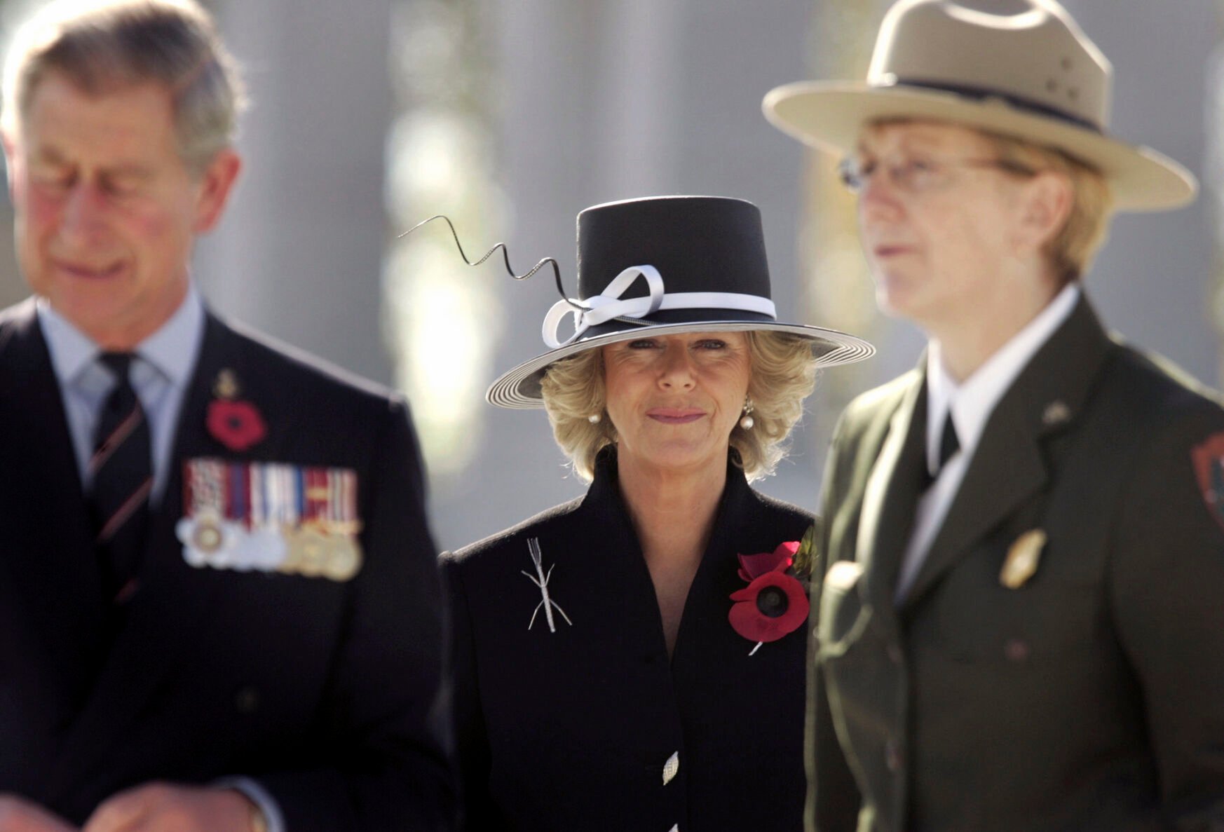 <p>Camilla, Duchess of Cornwall, center, Britain's Prince Charles, left, and Vikki Keys, superintendent of the National Mall and Memorial Parks, visit the World War II Memorial on Nov. 4, 2005, in Washington.</p>