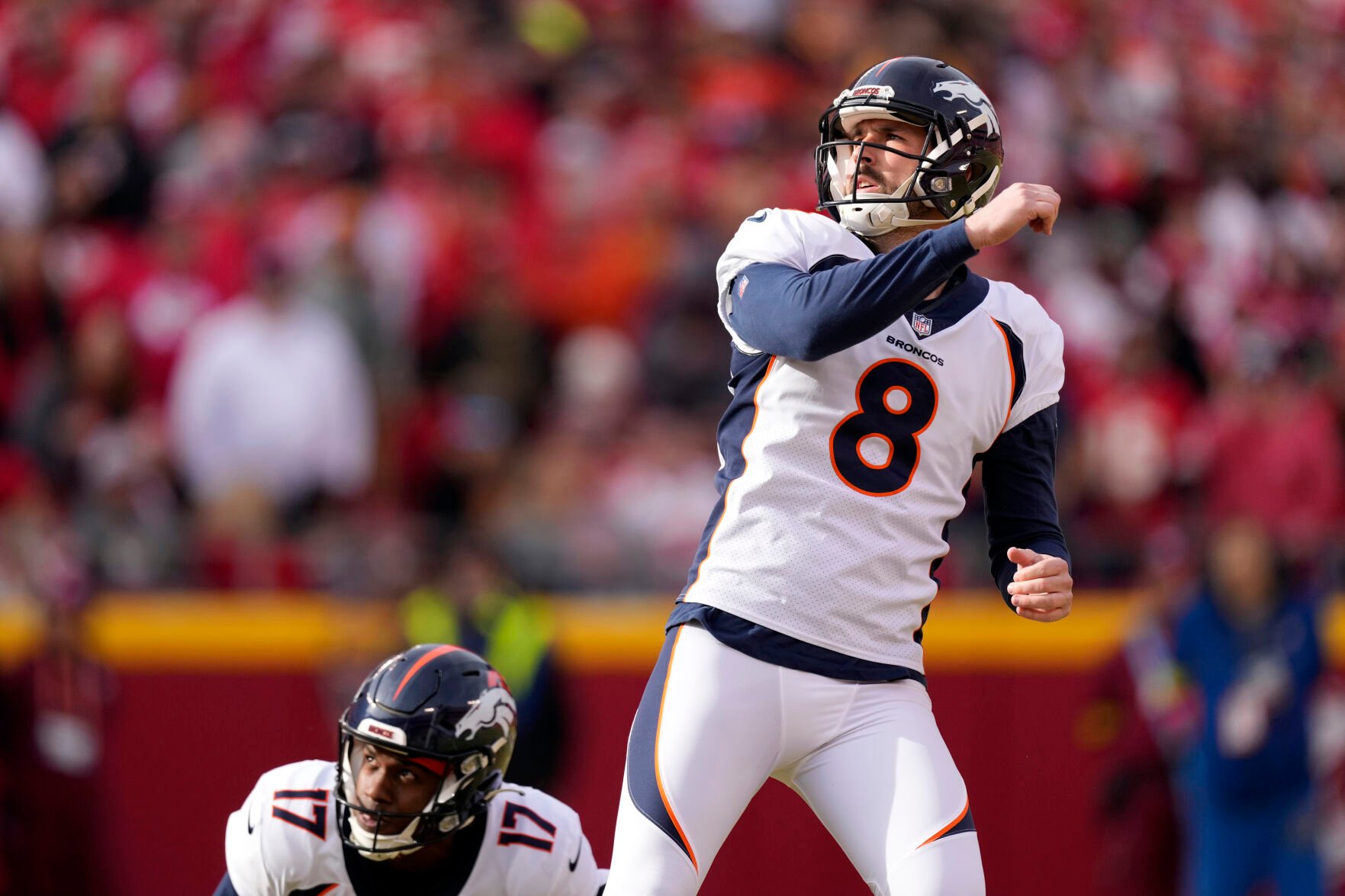 <p>Former Denver Broncos place kicker Brandon McManus watches his 49-yard field goal during the first half of a Jan. 1 game against the Kansas City Chiefs in Kansas City, Mo.</p>