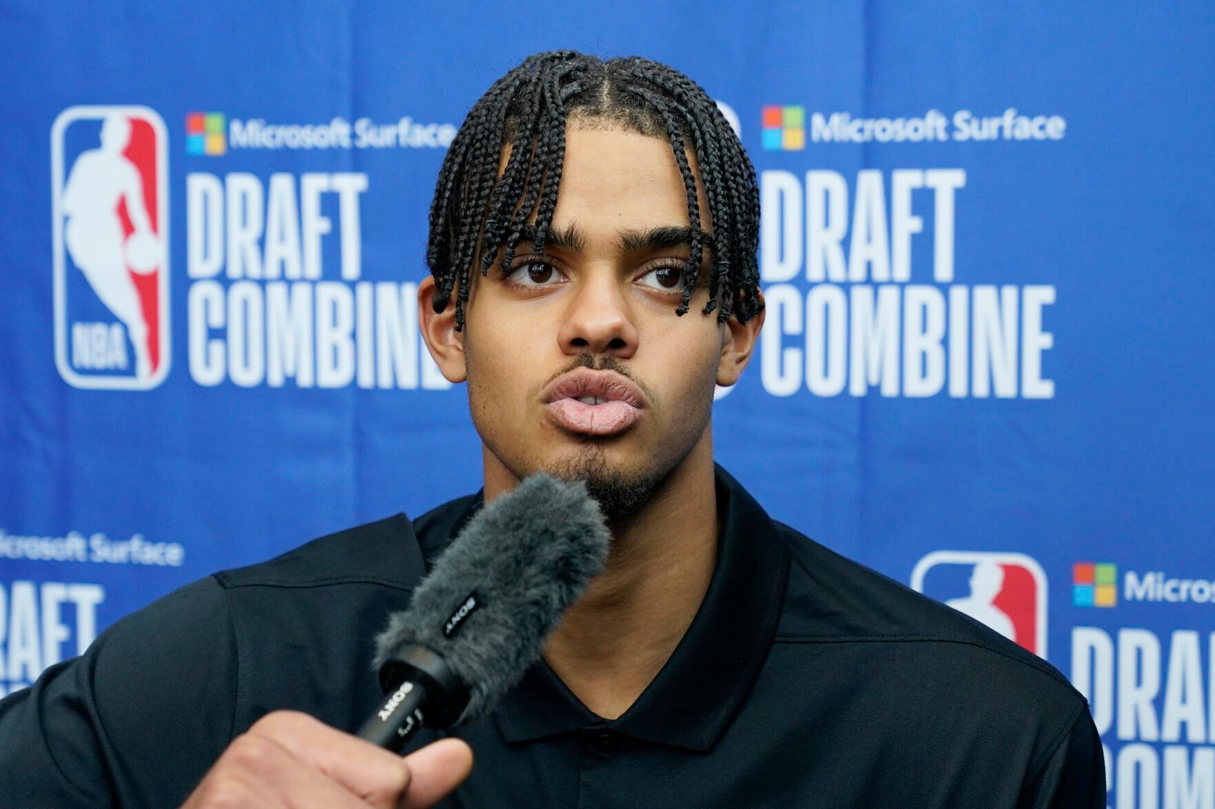 <p>Rayan Rupert talks to the media during the NBA Draft Combine on May 17 in Chicago.</p>