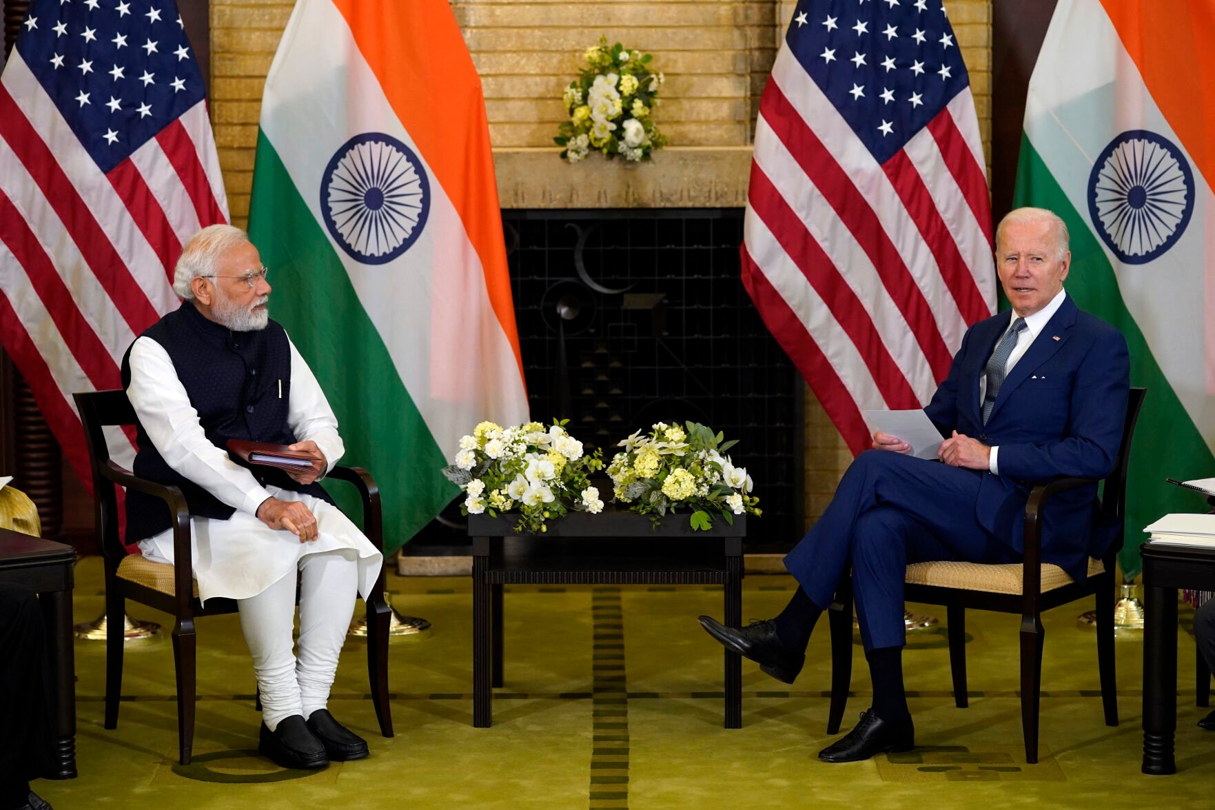<p>President Joe Biden, right, meets with Indian Prime Minister Narendra Modi on May 24, 2022, during the Quad leaders summit at Kantei Palace in Tokyo.</p>