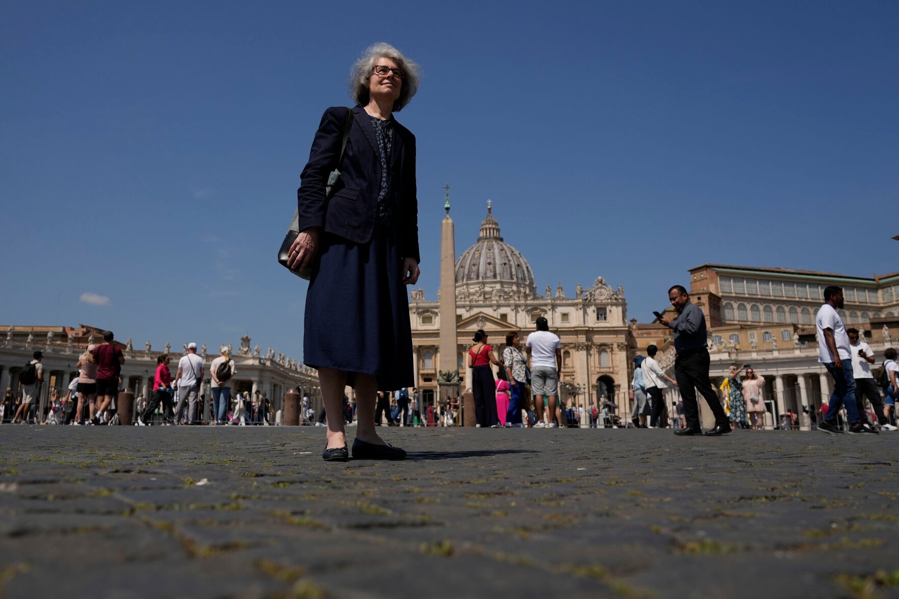 <p>Sister Nathalie Becquart, the first female undersecretary in the Vatican's Synod of Bishops, poses for a photo in front of St. Peter's Square on May 29.</p>