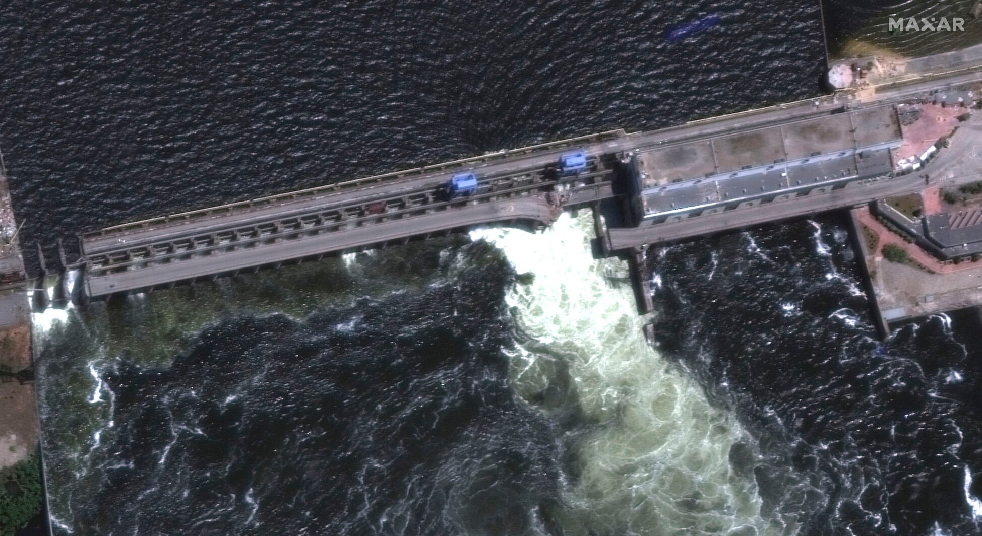 <p>A satellite image shows an overview of the Kakhovka dam in southern Ukraine, where officials have accused Russian forces of blowing up the major dam and hydroelectric power station. </p>
