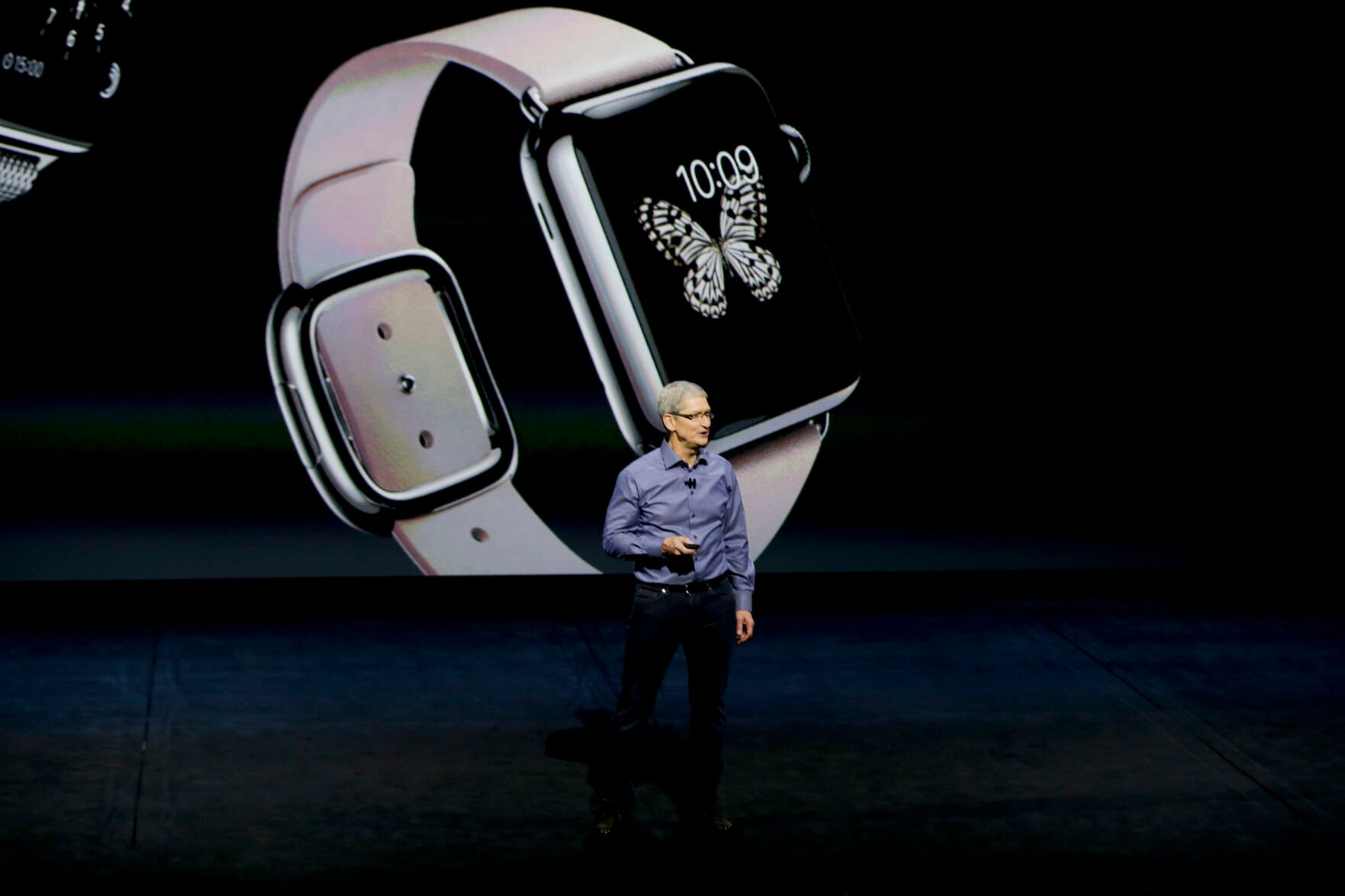 <p>Apple CEO Tim Cook discusses the Apple Watch at the Apple event at the Bill Graham Civic Auditorium in San Francisco on Sept. 9, 2015.</p>