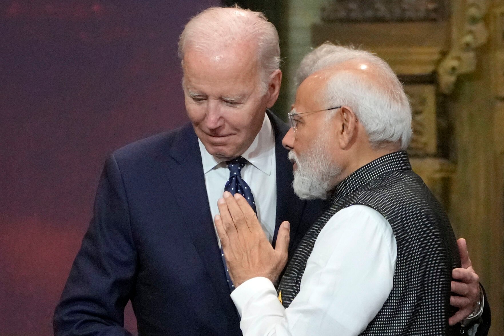 <p>U.S. President Joe Biden, left, and India Prime Minister Narendra Modi talk Nov. 15, 2022, during the G20 leaders summit in Nusa Dua, Bali, Indonesia.</p>