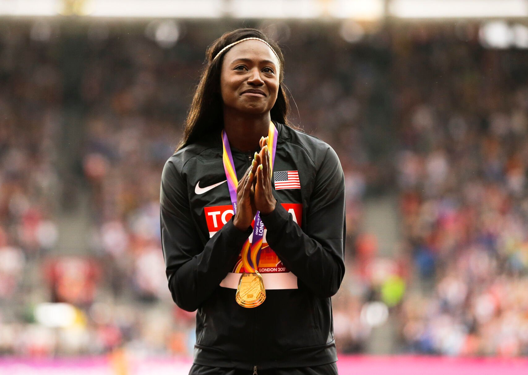<p>FILE - United States' Tori Bowie gestures after receiving the gold medal she won in the women's 100m final during the World Athletics Championships in London, Monday, Aug. 7, 2017. U.S. Olympic champion sprinter Tori Bowie died from complications of childbirth, according to an autopsy report. Bowie, who won three medals at the 2016 Rio de Janeiro Games, was found dead last month. She was 32. (AP Photo/Alastair Grant, File)</p>