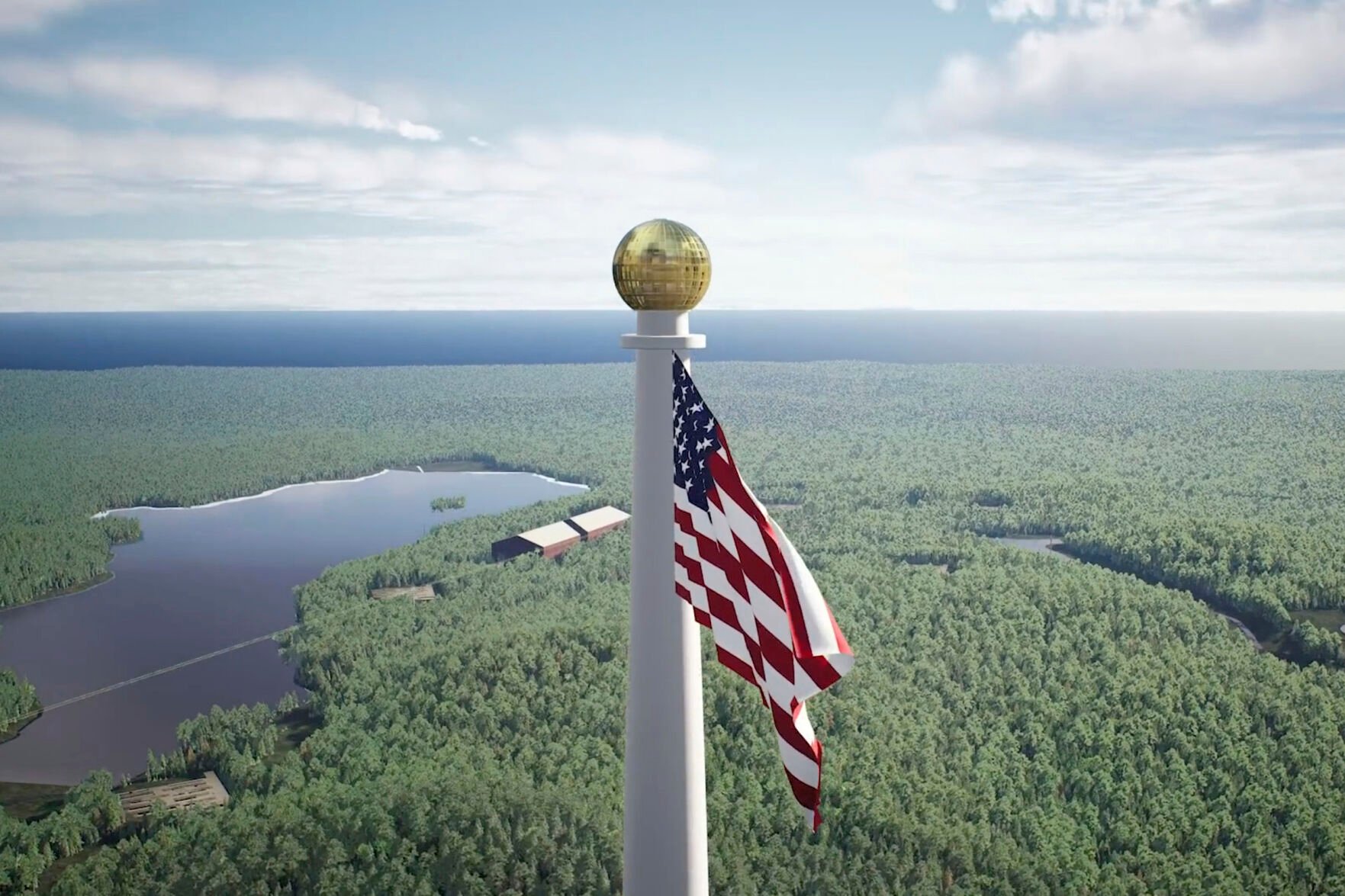 <p>This image from video provided by the Flagpole of Freedom Park in 2022 shows a rendering of a proposed world's tallest flagpole in Maine. The 10,000-acre plot is in a township overseen by a state agency, neighboring Columbia Falls.</p>