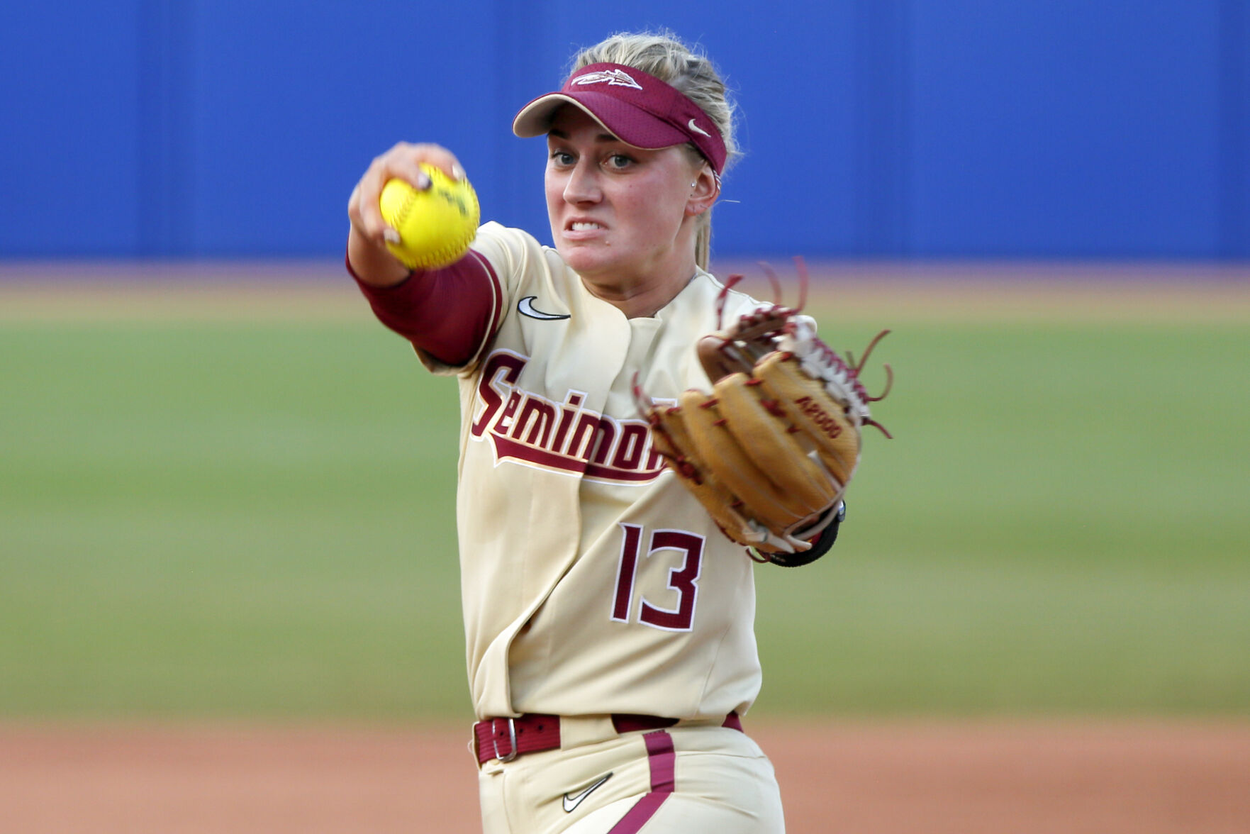 <p>Florida State's Mack Leonard pitches against Tennessee during the first inning of a Women's College World Series game Monday in Oklahoma City.</p>