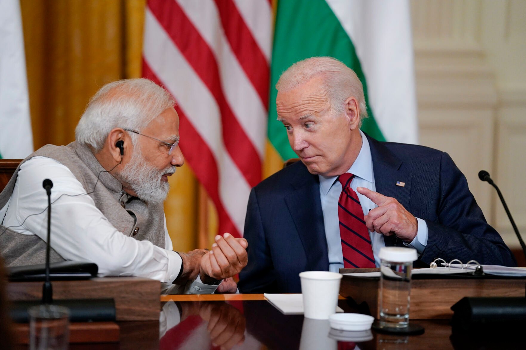 <p>FILE - President Joe Biden speaks with India's Prime Minister Narendra Modi and American and Indian business leaders in the East Room of the White House, Friday, June 23, 2023, in Washington. On Friday, June 30, The Associated Press reported on a video clip being shared online that shows Biden talking about selling “state secrets” but omits when he made clear that he was joking. (AP Photo/Evan Vucci, File)</p>