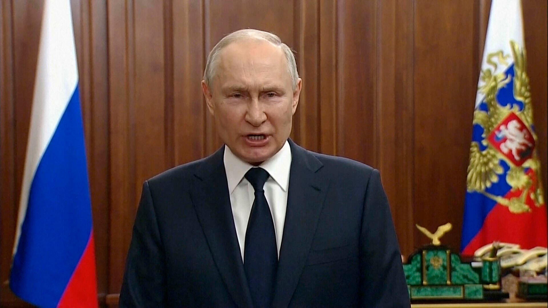 <p>Russian President Vladimir Putin delivers an address to the nation Monday in Moscow.</p>