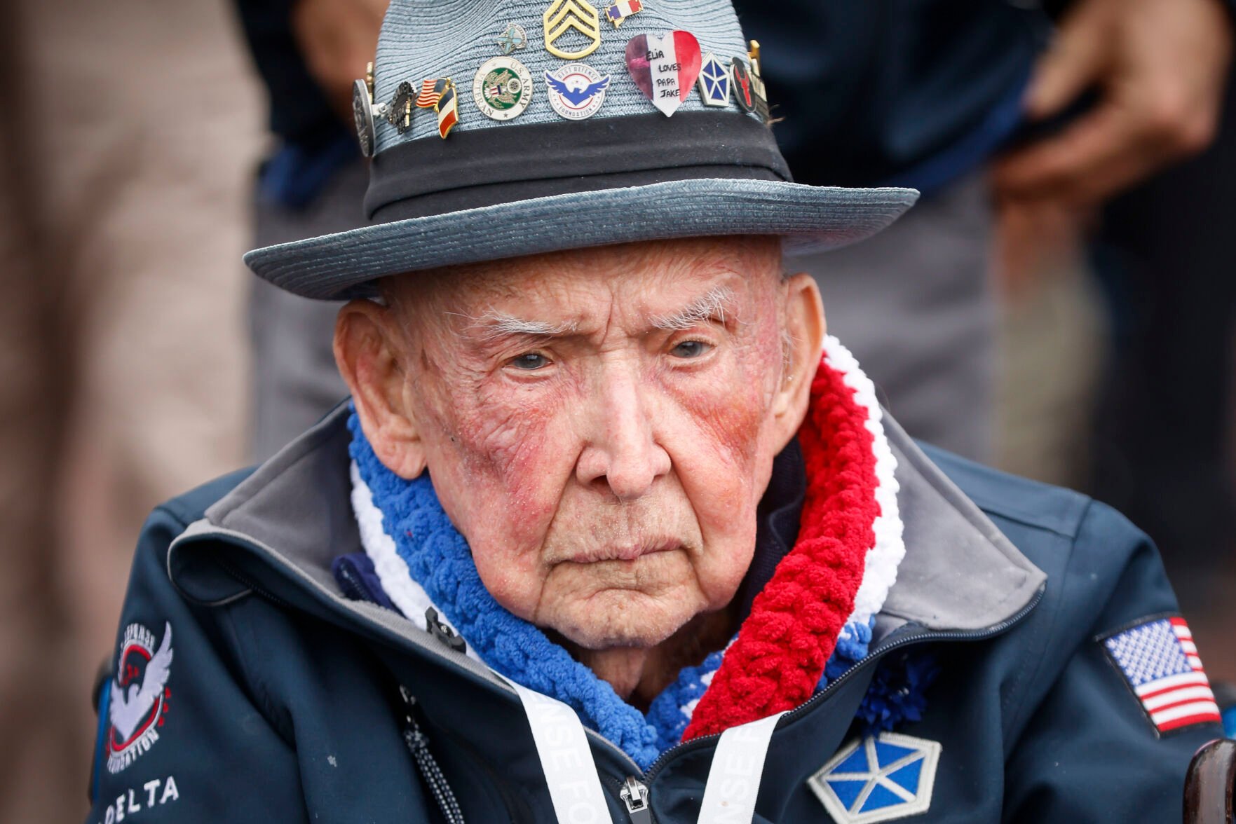 <p>World War II veterans Jake Larson attends a ceremony to mark the 79th anniversary of the assault that led to the liberation of France and Western Europe from Nazi control, at the American Cemetery in Colleville-sur-Mer, Normandy, France, on June 6.</p>