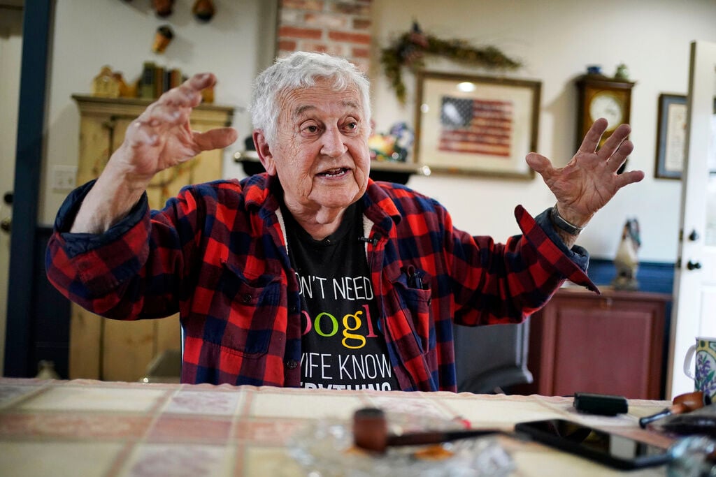 <p>Peter Doak speaks to a reporter at his home, April 26, in Columbia Falls, Maine.</p>