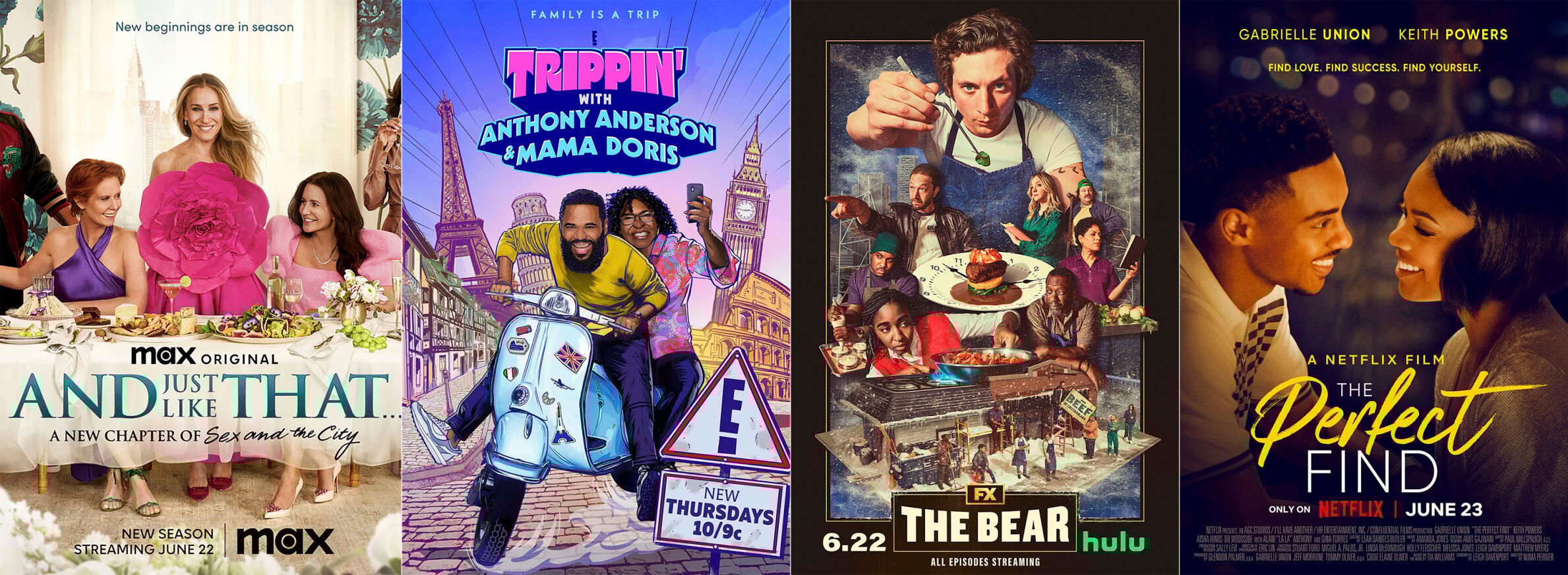 <p>This combination of images shows promotional art for "And Just Like That," premiering its second season on June 22, from left, “Trippin’ with Anthony Anderson and Mama Doris,” a series premiering June 22 on E!, "The Bear," a series premiering June 22 on FX and "Perfect Find," a film premiering June 23 on Netflix. (Max/E!/FX/Netflix via AP)</p>