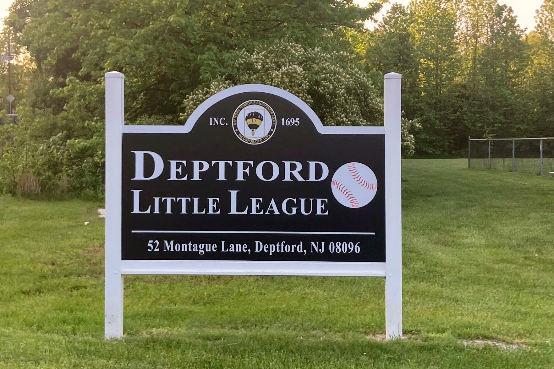 <p>A sign for the Deptford, N.J. Little League complex is shown, May 10.</p>