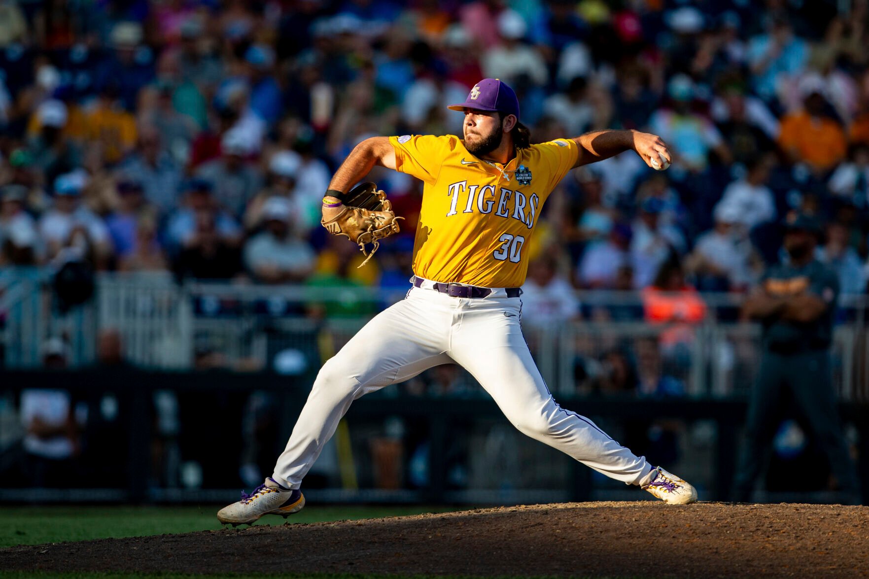 <p>LSU' Nate Ackenhausen throws a pitch in the fourth inning against Tennessee in Tuesday's College World Series game in Omaha, Neb.</p>