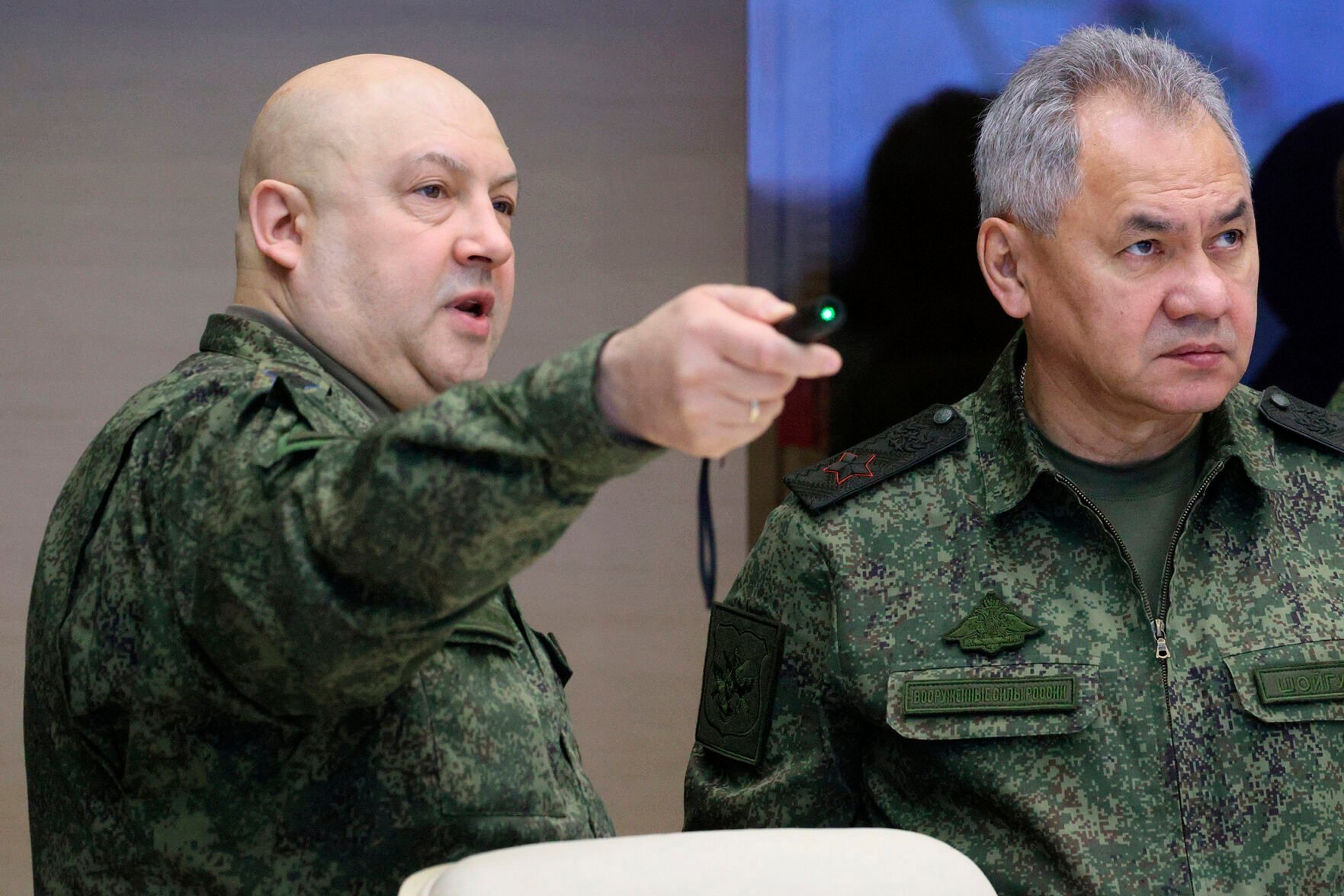 <p>Gen. Sergei Surovikin, left, and Russian Defense Minister Sergei Shoigu attend a Dec. 17 meeting with Russian President Vladimir Putin at an unknown location.</p>