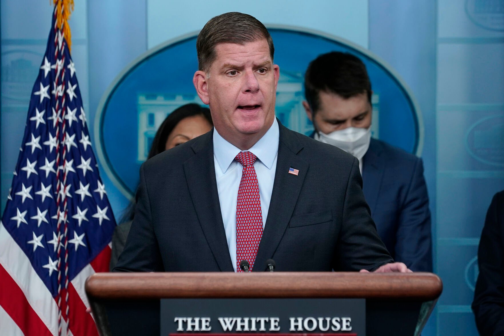 <p>Labor Secretary Marty Walsh speaks during a briefing at the White House on May 16, 2022, in Washington.</p>