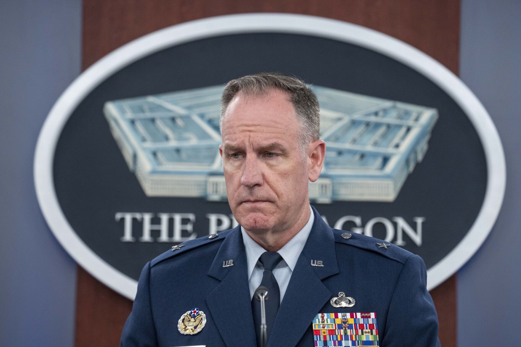 <p>Pentagon spokesman U.S. Air Force Brig. Gen. Patrick Ryder listens to a question during a media briefing at the Pentagon, Thursday, July 6, 2023, in Washington. (AP Photo/Alex Brandon)</p>