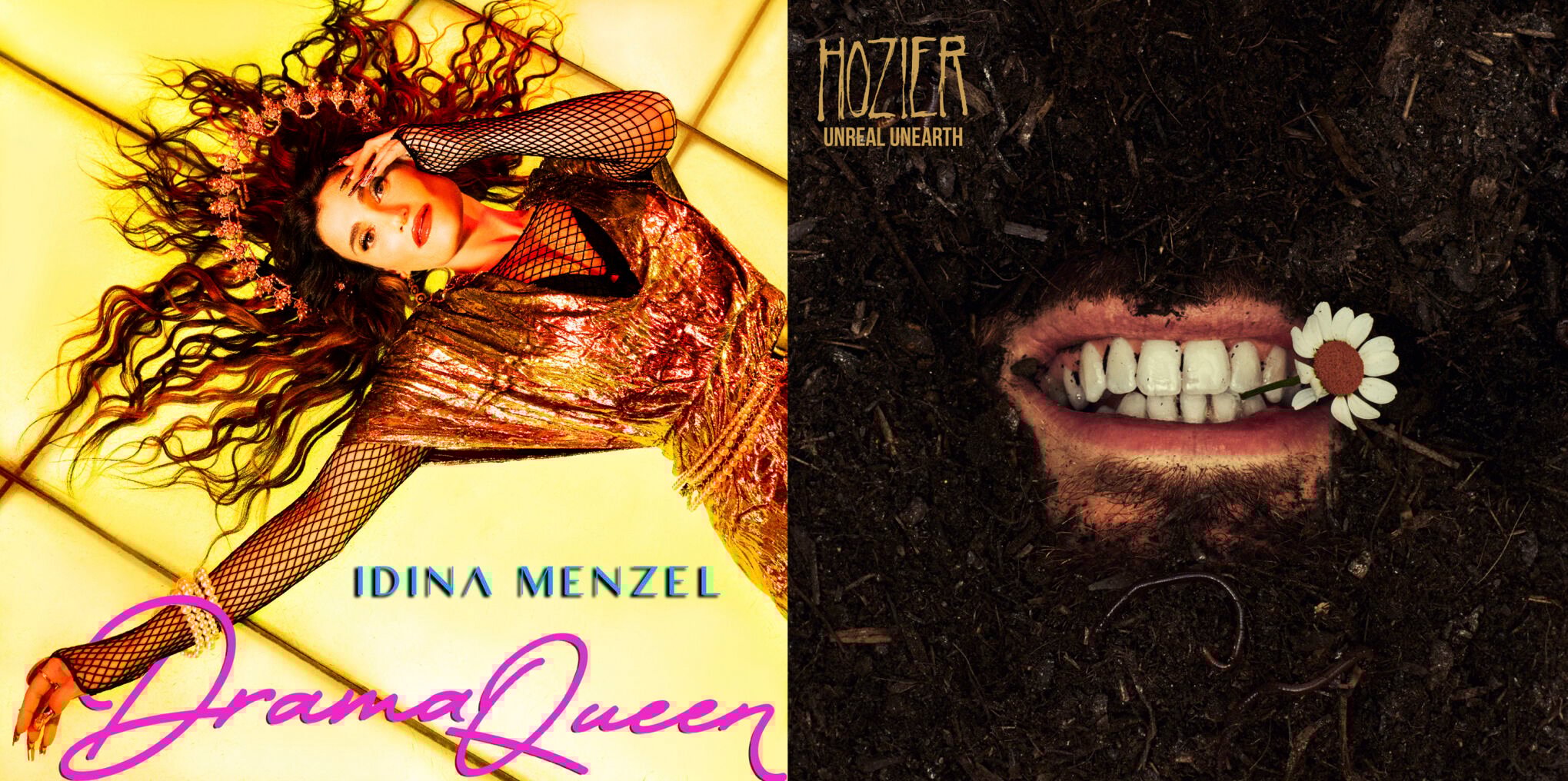 <p>This combination of album covers shows "Drama Queen" by Indina Menzel, left, and "Unreal Unearth" by Hozier. (BMG/Columbia Records via AP)</p>