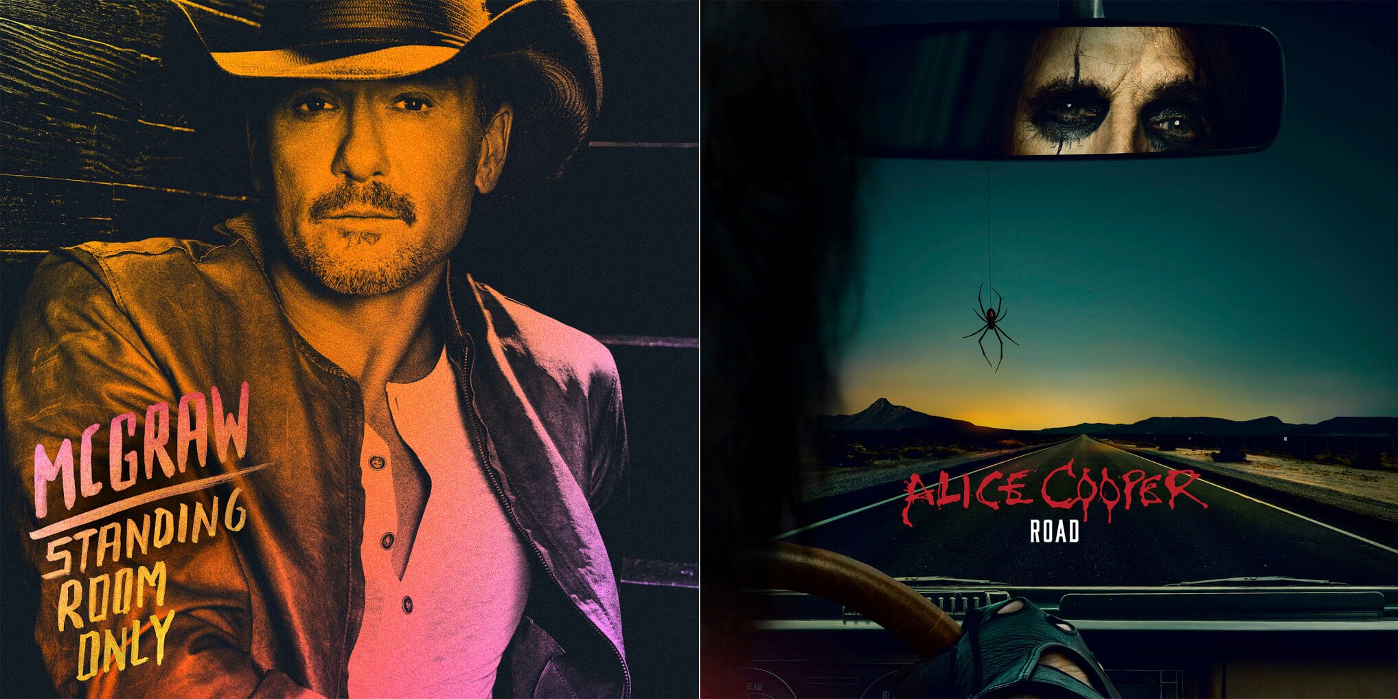 <p>This combination of album cover images shows "Standing Room Only" by Tim McGraw, left, and "Road" by Alice Cooper. (Big Machine via AP, left, and earMusic via AP)</p>