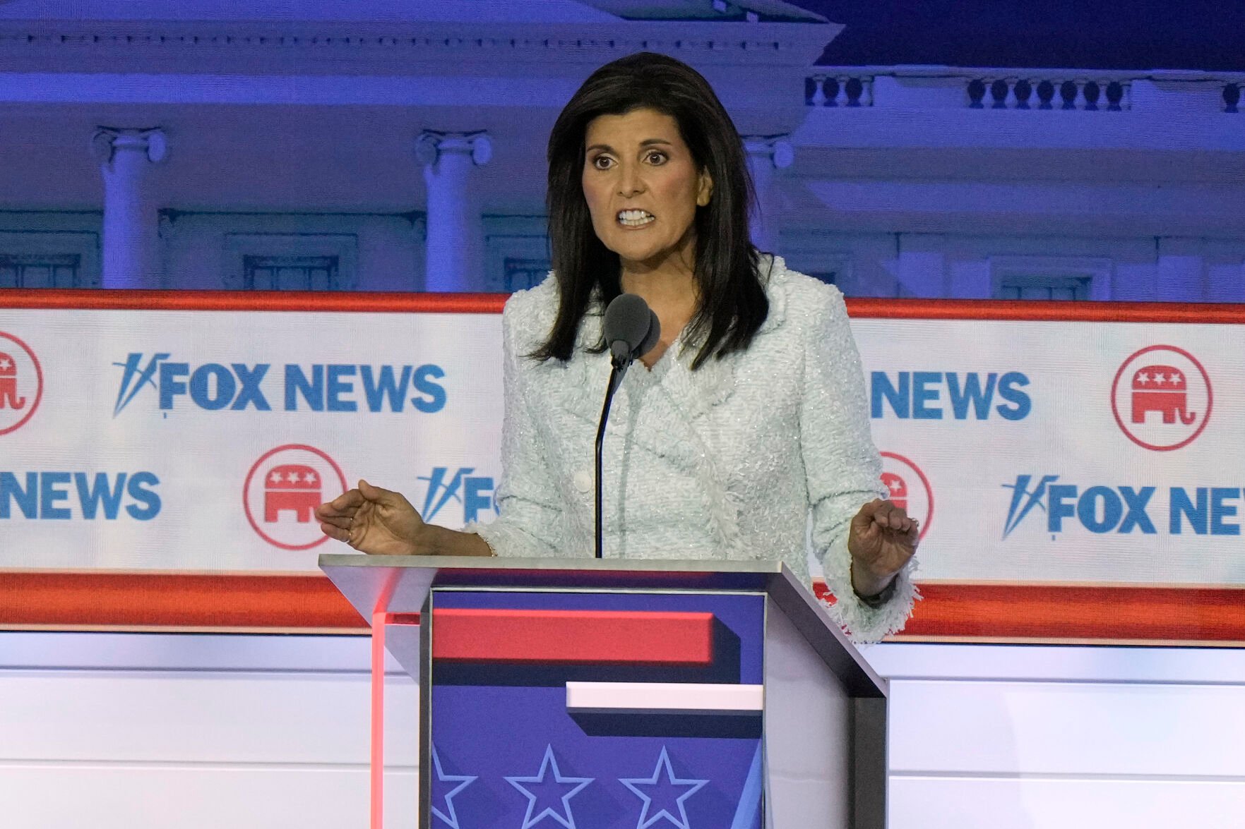 <p>Former U.N. Ambassador Nikki Haley speaks during a Republican presidential primary debate hosted by FOX News Channel Wednesday, Aug. 23, 2023, in Milwaukee. (AP Photo/Morry Gash)</p>