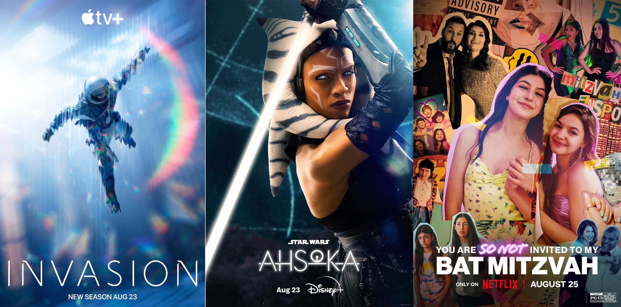 <p>This combination of images shows promotional art for the second season of "Invasion," premiering Aug. 23 on Apple TV+, left, “Star Wars: Ahsoka," a new series premiering Aug. 23 on Disney+ and "You Are So Not Invited to My Bat Mitzvah,” a film streaming Aug. 25 on Netflix. (Apple TV+/Disney+/Netflix via AP)</p>