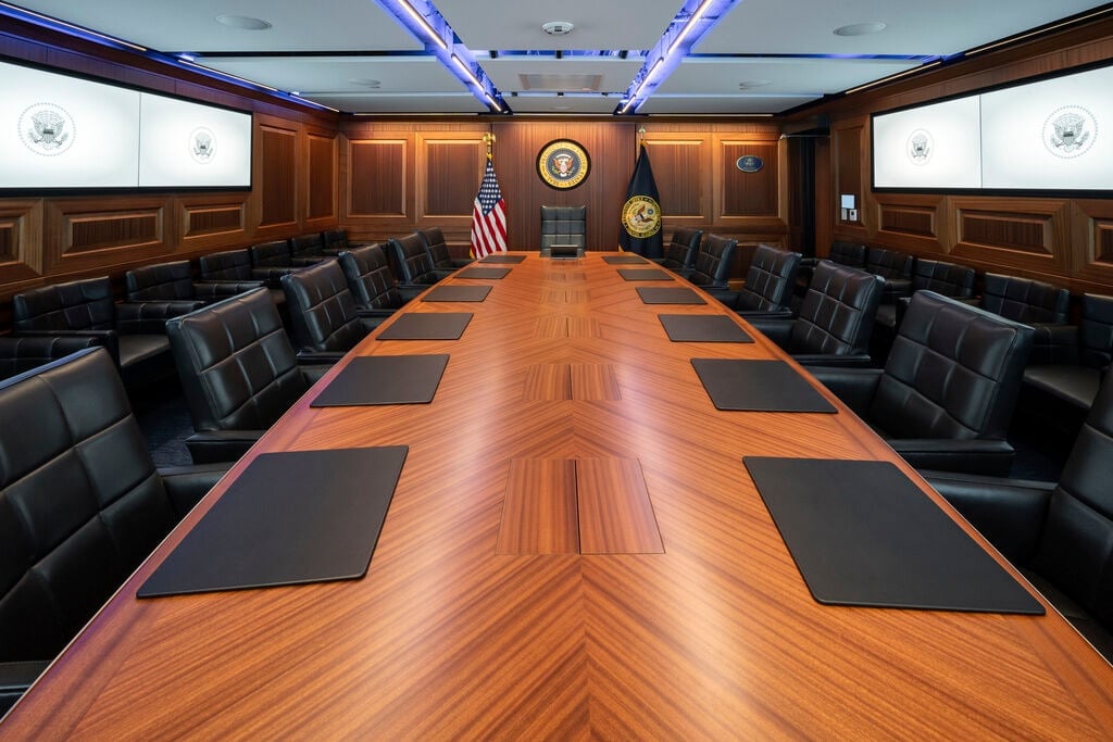 <p>This image provided by the White House shows the completed renovations of the White House Situation Room on Aug. 16, 2023, in Washington. </p>