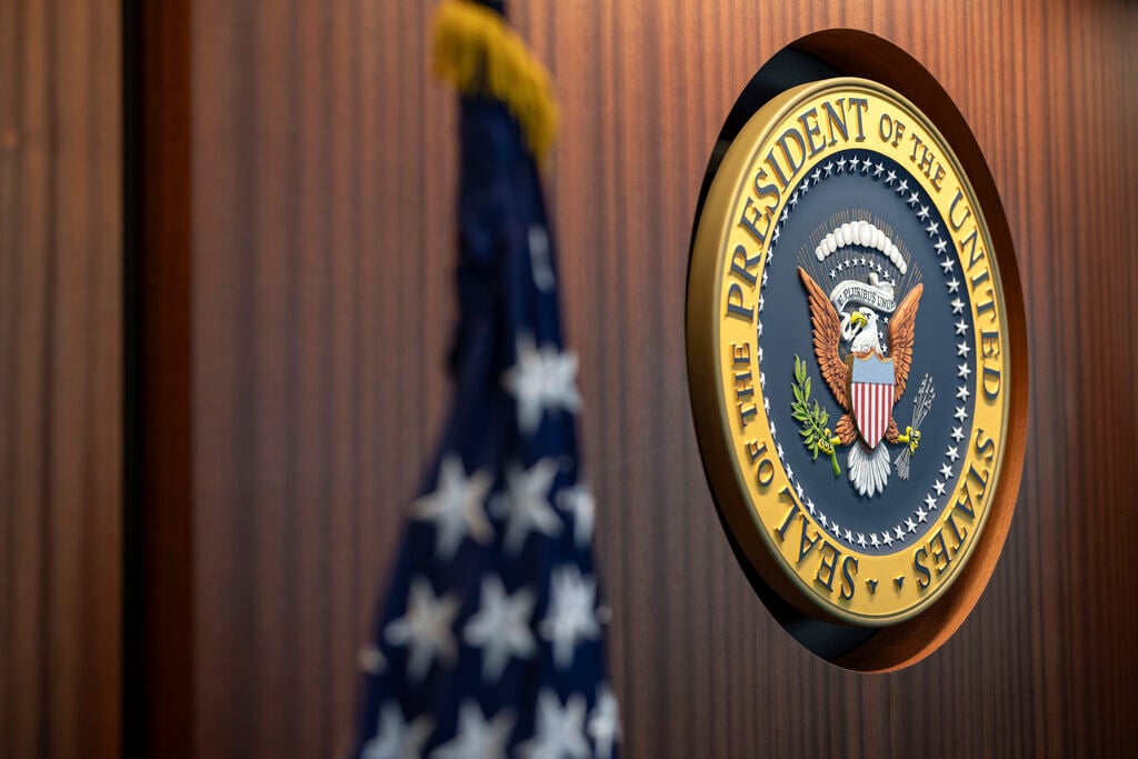 <p>In this image provided by the White House, the presidential seal is displayed in the newly renovated White House Situation Room on Aug. 16, 2023. </p>