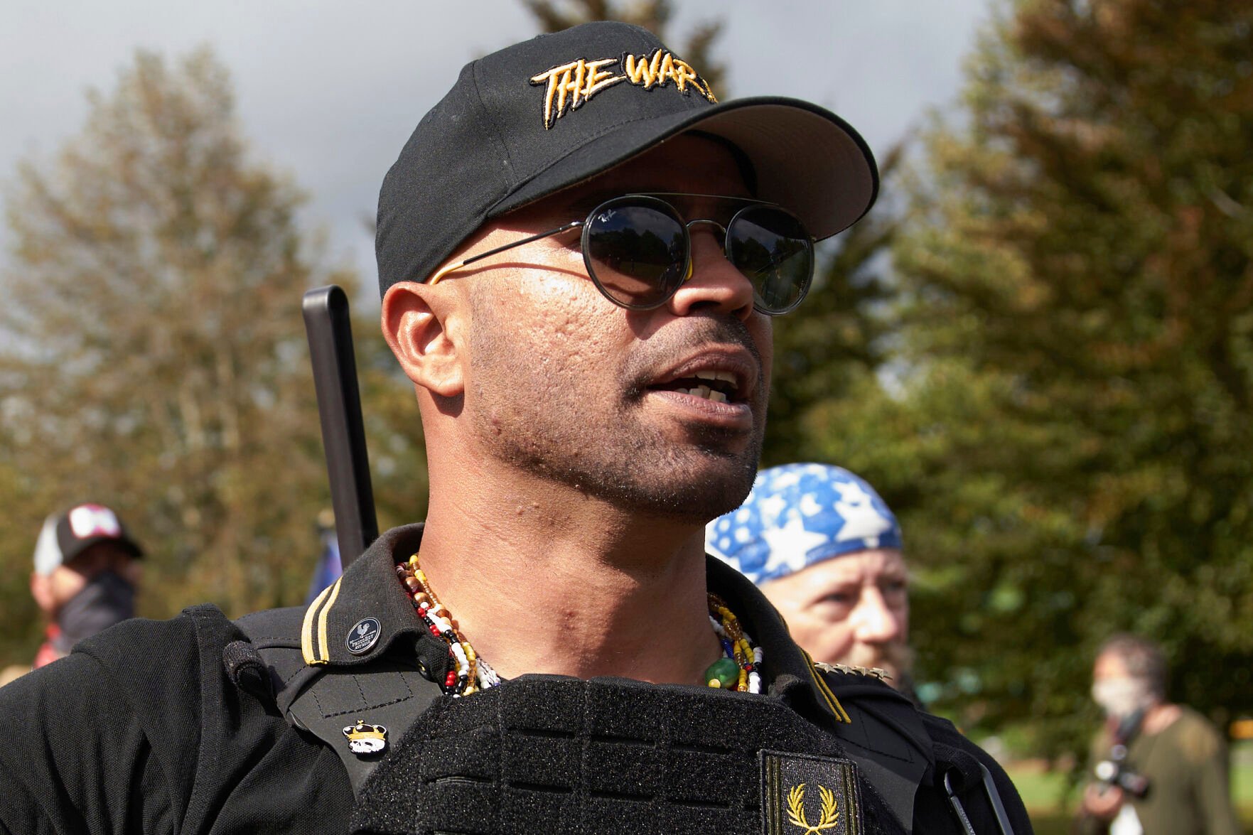 <p>FILE - Proud Boys leader Enrique Tarrio speaks at a rally in Delta Park on Sept. 26, 2020, in Portland, Ore. (AP Photo/Allison Dinner, File)</p>