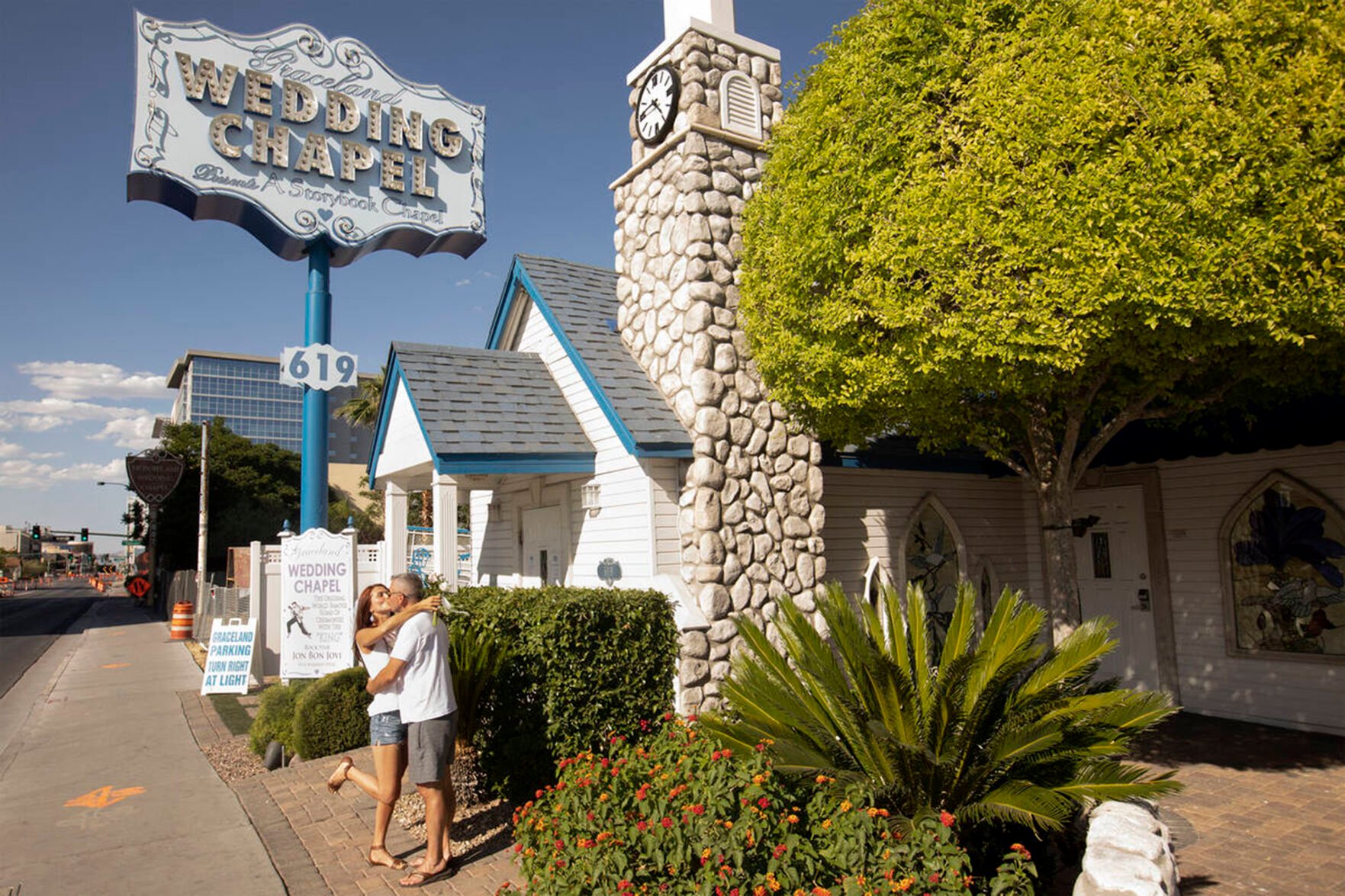 <p>Malgorzata Benedict and Jesse Benedict of Pennsylvania kiss as they have their wedding photos taken after getting married at Graceland Wedding Chapel on June 4, 2020, in Las Vegas.</p>