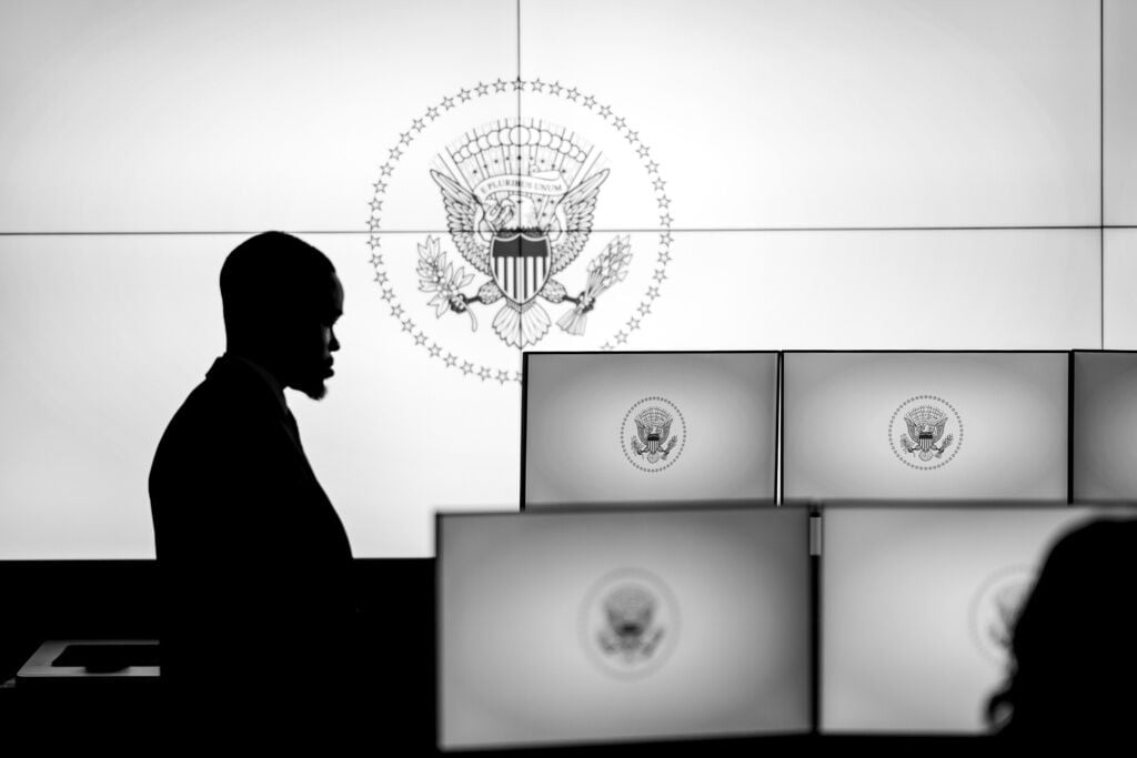 <p>In this image provided by the White House, a person stands on the "watch floor," a 24-7 operations center that is part of newly renewed complex of the White House Situation Room at the White House Aug. 16, 2023, in Washington. </p>