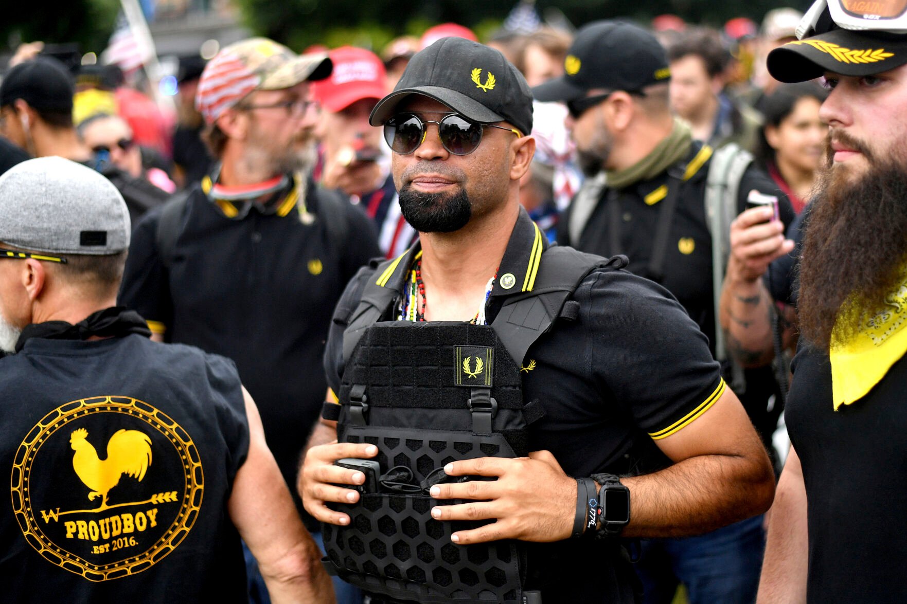 <p>FILE - Proud Boys chairman Enrique Tarrio rallies in Portland, Ore., Aug. 17, 2019. (AP Photo/Noah Berger, File)</p>