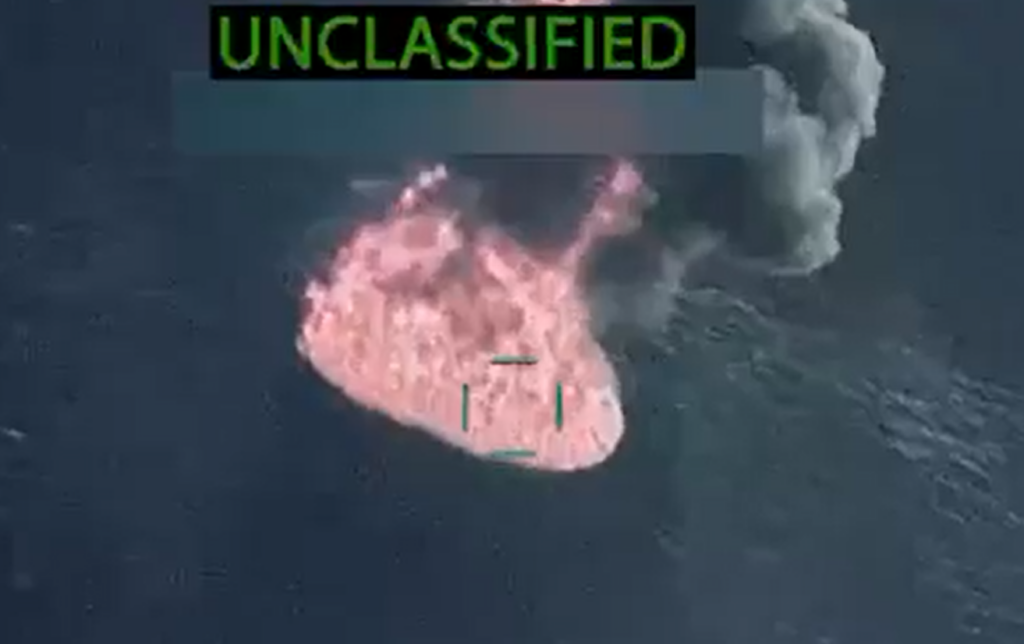 Screengrab from Pete Hegseth's X account of a boat explosion from 10/27/2025