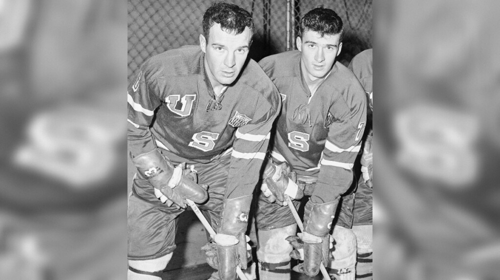FILE - U .S. Olympic ice hockey forwards Roger Christian, left, and Bill Christian pose Jan. 6, 1960, at the United States Military Academy in West Point, N.Y. (AP Photo/John Rooney, Fil