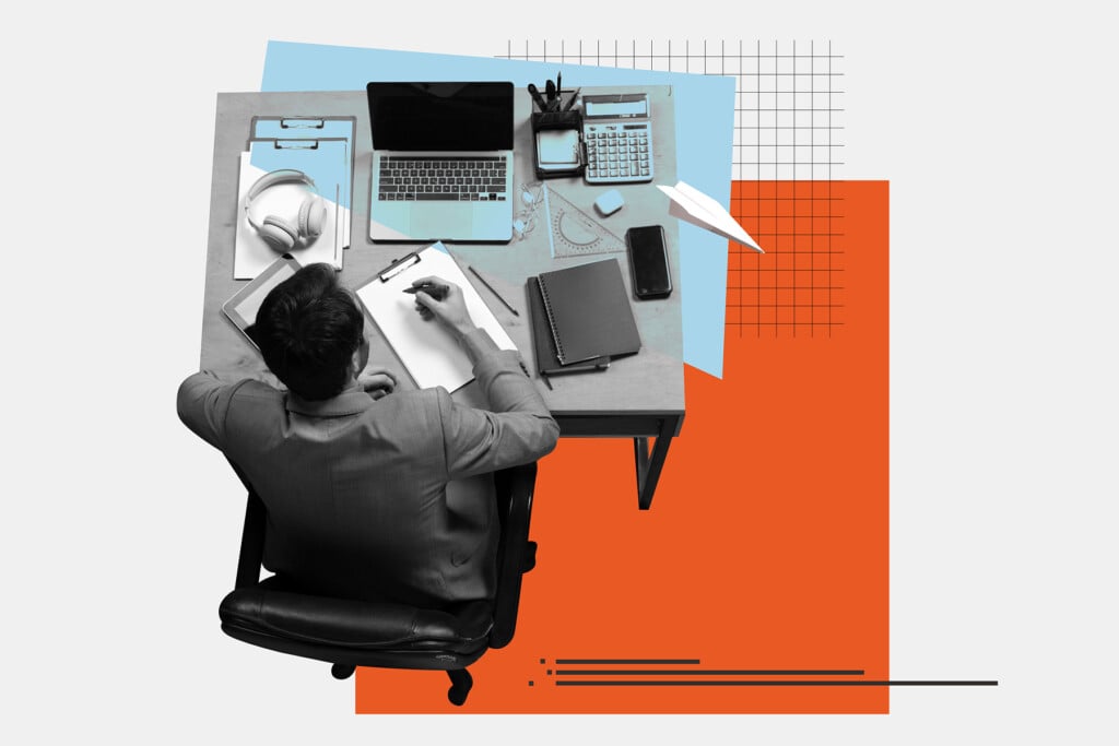 Businessman Sitting At His Working Table, Architect Developing New Project, Working With Strategy And Analytical Researches. Contemporary Art Collage.