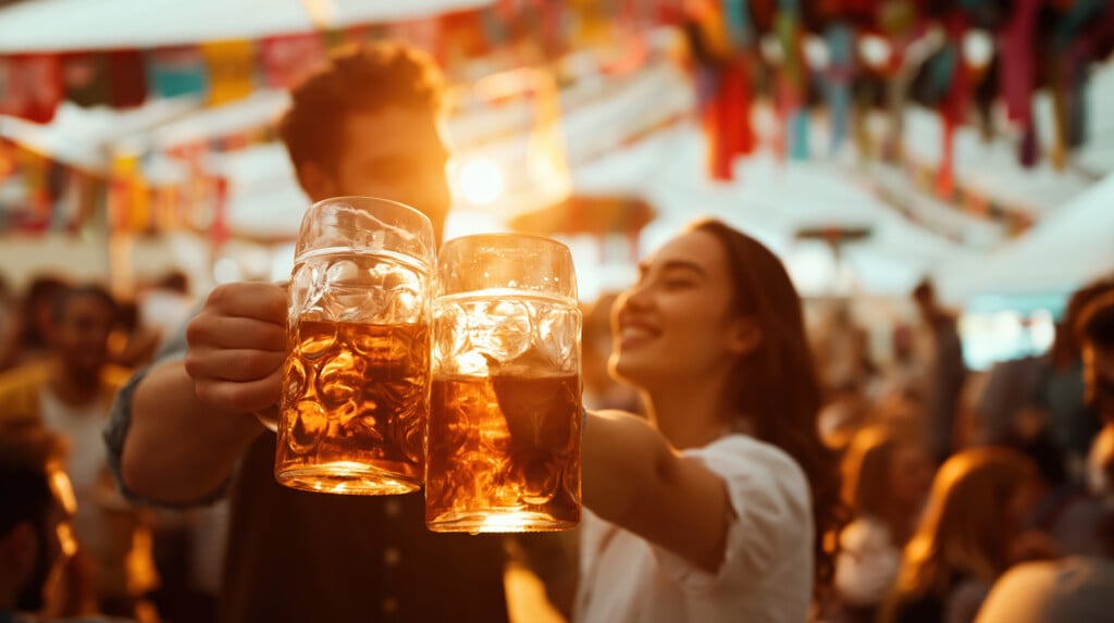 A Young Couple Toasts Large Beer Steins At A Vibrant Festival. Warm Amber Lighting And Festive Banners Enhance The Joyful, Romantic Party Atmosphere.