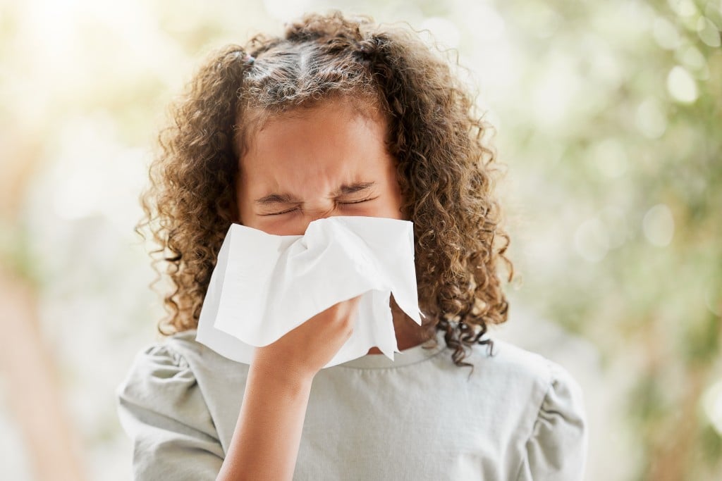 Sick Little Girl With A Flu, Blowing Her Nose And Looking Uncomfortable. Child Suffering With Sinus, Allergies Or Covid Symptoms And Feeling Unwell. Kid With A Cold Sneezing And Holding A Tissue
