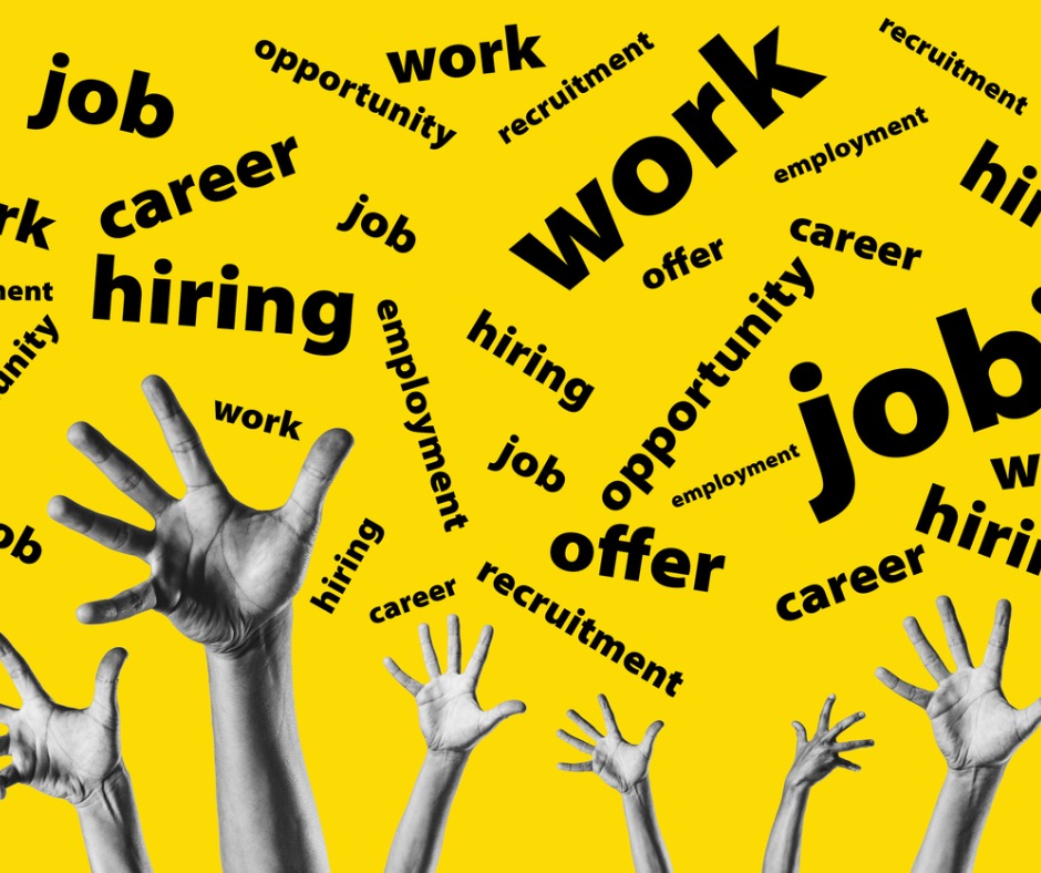 Group Hands Trying To Reach Job Offers Over A Yellow Background For Picture Id1171599433