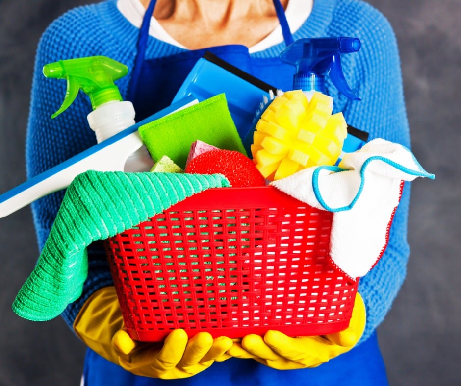 Spring Cleaning Cleaner Holding Red Plastic Basket Of Cleaning And Picture Id1088192762