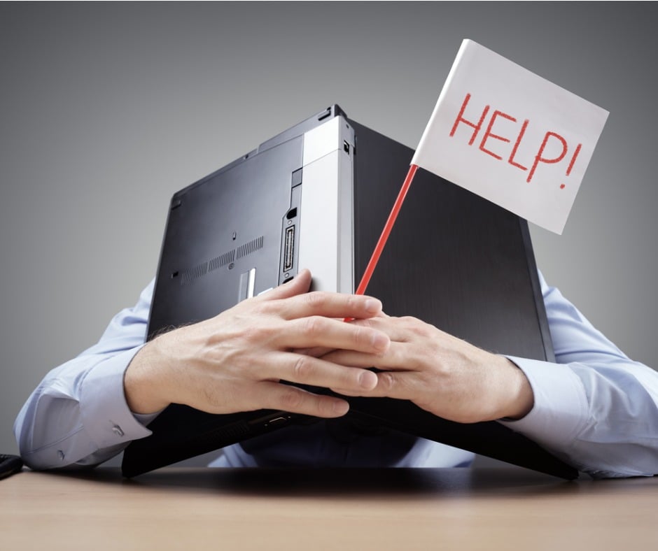 Businessman Burying His Head Uner A Laptop Asking For Help Picture Id658516626