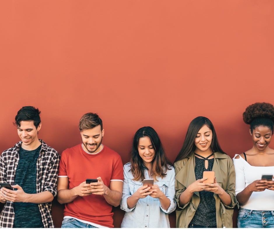 Group Young People Using Mobile Smartphone Outdoor Millennial Having Picture Id1211345544