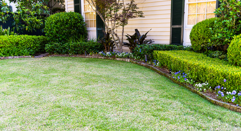 Old Historic Garden District In New Orleans, Louisiana With Green Grass Lawn Garden, Flowers And Ornamental Decorative Bushes By House