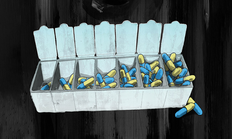 Open Capsules Container Over Colored Background Depicting Drug Addiction