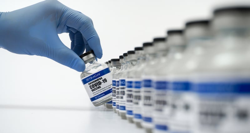 Covid 19 Corona Virus 2019 Ncov Vaccine Vials Medicine Drug Bottles Syringe Injection Blue Nitrile Surgical Gloves. Vaccination, Immunization, Treatment To Cure Covid 19 Corona Virus Infection Concept