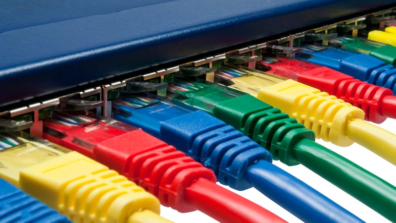 Multi Color Ethernet Network Plugs Connected To A Router / Switch