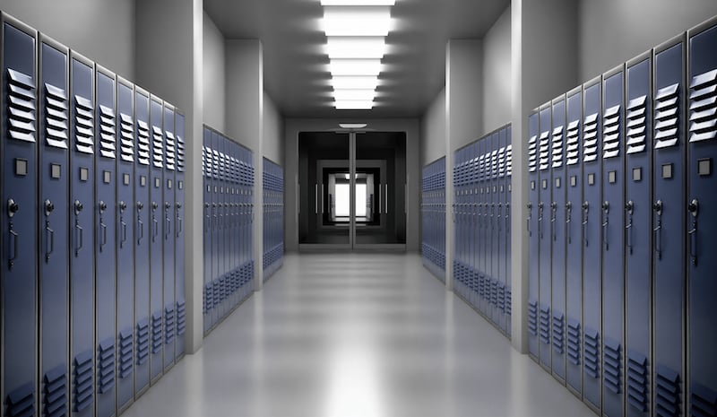 High School Lobby With Blue Color Lockers, Perspective View. Fitness Gym, Sports Club Hallway. 3d Illustration