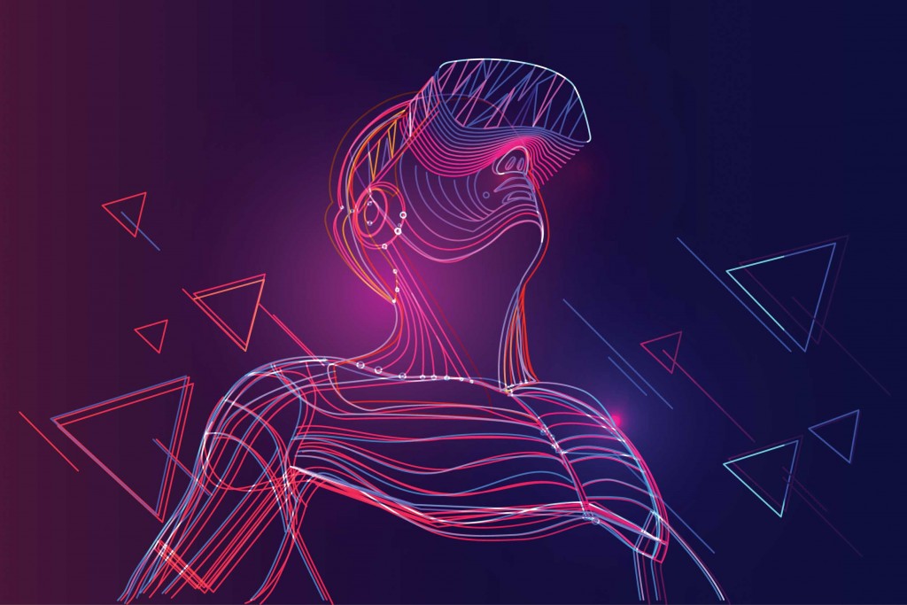 Man Wearing Virtual Reality Headset. Abstract Vr World With Neon