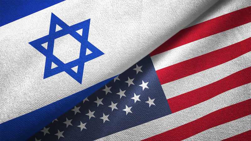 United States And Israel Two Flags Together Textile Cloth Fabric Texture