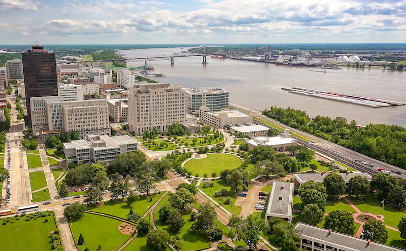 Baton Rouge City Skyline And Mississippi River In Louisiana