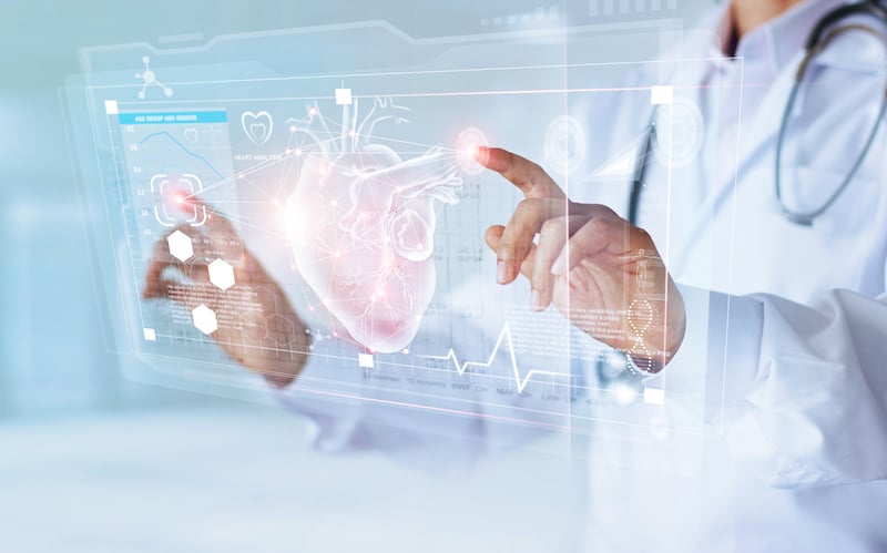 Medicine Doctor And Stethoscope Touching Icon Heart And Diagnostics Analysis Medical On Modern Virtual Screen Interface Network Connection. Medical Technology Diagnostics Of Heart Concept