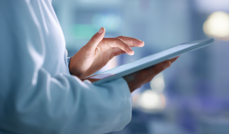 Doctor, Researcher Or Scientist Browsing The Internet On A Tablet For Information While Working At A Lab, Science Facility Or Hospital. Expert, Medical Professional Or Surgeon Searching The Internet